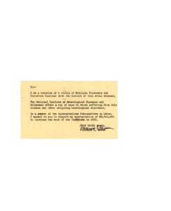 Supporting Funding for the National Institute of Neurological Diseases and Blindness, 1952-01-01 - 1952-12-31