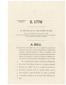 Introduction of a Bill to Amend the 1940 Act for Housing Provision in Connection with National Defense to Aid Housing for Education Pursuing Servicemen - 1946, 1945-01-01 - 1946-12-31