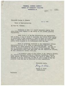Postwar Planning Legislation and Funding: A Letter to Honorable George B. Schwabe, 1945-01-01 - 1946-12-31