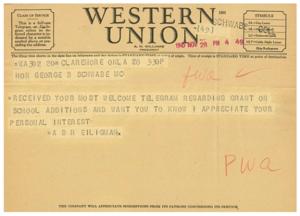 Approval of School Additions Grant: Telegram from George B. Schwabe to A.N. Williams, 1945-11-28