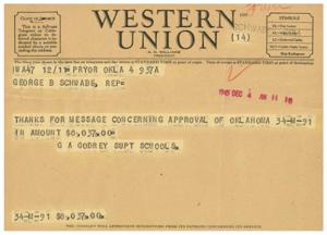 Class of Service Symbols and Telegram Message regarding Approval of Oklahoma 34-M-91, 1945-07-01