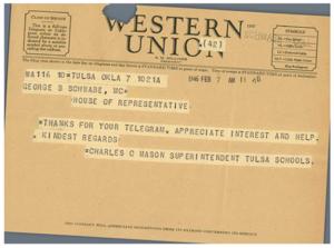 Important Telegram Regarding Federal Grant for Tulsa Schools, 1945-07-01