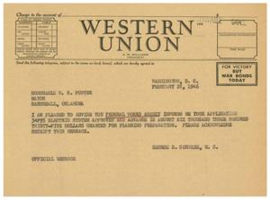 Urgent Telegram: Approval of Funding for Electric System in Barnsdall, Oklahoma, 1946-02-28