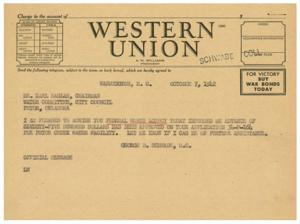 Telegram Confirmation of Pryor Creek Water Facility Approval, 1942-10-07
