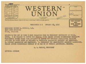 Title: Telegram Regarding Approval of Veterans Educational Facility Application, 1946-10-25