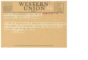 Telegram Concerning Secretary of Interior Appointment Protest in Oklahoma, 1945-01-01 - 1946-12-31