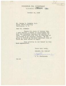 Appreciation for Support: Letter to Congressman George B. Schwabe from Minerva Oil Company, 1945-10-15 - 1945-10-15