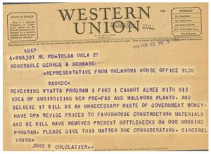 Telegram Correspondence Regarding Housing Program and Government Subsidies, 1946-01-01 - 1946-12-31