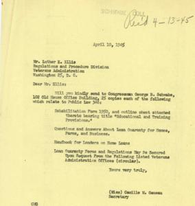 Request for Veterans Administration Forms and Information Related to Public Law 346, 1945-04-10