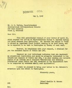 Correspondence Between J.B. Bayless and Representative George B. Schwabe Regarding Public Law 346, 1945-04-30