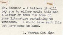 Letter Suggestion to Mr. Schwabe Regarding Veterans Literature, 1945-01-01 - 1946-12-31