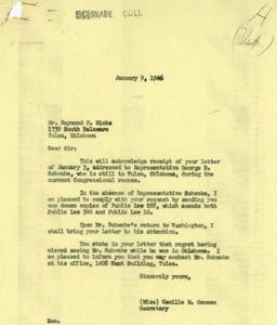 Correspondence Between Representative George B. Schwabe and Mr. Raymond H. Hicks Regarding Veterans&#39; Affairs and Legislation, 1945-10-31