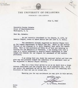 Proposed Amendments to the G.I. Bill: Letter from University of Oklahoma President to Representative George Schwabe, 1945-07-05