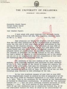 Letter from University of Oklahoma President to Senator Claude Pepper Regarding Amendments to the G.I. Bill, 1945, 1945-06-27