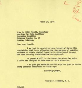 Correspondence Regarding Depletion of Veterans&#39; Farm Loan Funds in Oklahoma, 1946, 1946-03-26