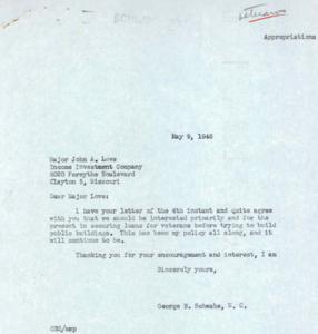 Correspondence between Major John A. Love and Hon. George B. Schwabe Regarding Housing for Veterans and Public Works Appropriations, 1946, 1946-05-04
