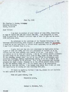 Correspondence between Attorney Charles F. Burns and Congressman George B. Schwabe Regarding Veterans&#39; Laws and Missed Meeting, 1946-06-22