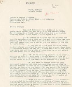 Letter to Congressman George B. Schwabe on Post-War Housing for Veterans, 1945-01-01 - 1946-12-31