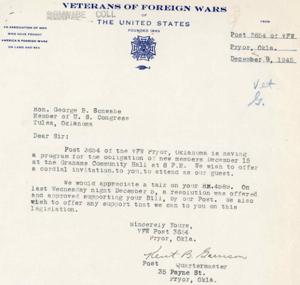 Invitation to Congressman George B. Schwabe from VFW Post 3654 for New Members Induction Event, 1945-01-01 - 1945-12-31