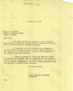 Correspondence Regarding H. R. 4589 for Oklahoma Veterans&#39; Homesteads, 1946-01-14