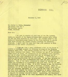 Correspondence between George B. Schwabe and Walter J. Petty Regarding Veteran Housing Bills, 1945-12-05