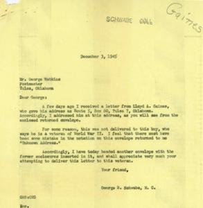Request for Assistance in Letter Delivery to a World War II Veteran, 1945-12-03