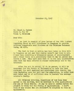 Correspondence on the Proposed Veterans Homestead Bill in Oklahoma, 1945, 1945-11-20 - 1973-12-31