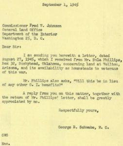 Veteran Inquiry Regarding Homestead Land Availability in Arizona and Relation to G.I. Benefits, 1945-08-27