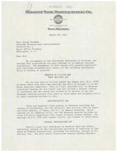 1945 Correspondence from Maloney Tank Manufacturing Co. to Hon. George Schwabe Regarding Pending Legislation, 1945-08-28