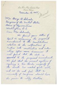1945 Correspondence from La-Kee-Kon Garden Club to Congressman George B. Schwabe Regarding Constitutional Amendment Proposal, 1945-01-01 - 1946-12-31