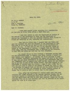 ["The document is a letter from George B. Schwabe to Cy E. Kendall regarding the process of bringing Kendall's wife, Gwendolyn B. Kendall, from England to the United States. Schwabe provides instructions on how Kendall should fill out a Petition form and attach proof of financial support. The document also mentions sending duplicate copies for Kendall to send to his wife and keep for his records. Kendall expresses gratitude for Schwabe's assistance and mentions a previous conversation they had."]