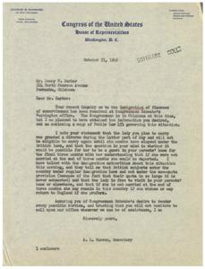 ["The document is a response to an inquiry about the immigration of a fiance of an ex-serviceman. It explains that the fiance can enter the country under regular immigration laws and is free to visit and stay in the country even if they are not married within a certain period of time. The Congressman's office is willing to provide assistance whenever needed."]