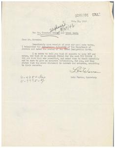 ["The document is informing Mr. Schwabe that the Greek Immigration Quota is currently filled for the next ten years with only 307 spots available per year. The sender has confirmed this information with the Immigration Authority of the Department of Justice."]