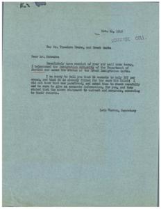 ["The document from Lois Warren to Mr. Schwabe informs him that the Greek immigration quota is filled for the next ten years, with only 307 spots available annually. Mr. Drake is seeking to bring his 27-year-old brother from Greece to the United States, and Mrs. Warren is requesting information on any vacancies in the quota for Greek citizens."]