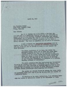 ["The document dated April 15, 1946, addressed to Mr. Theodore Drakos in Tulsa, Oklahoma, discusses the interest in bringing his nephews from Greece to the United States. The nephews, Nickolais Drakopoulos and Andreas Drakopoulos, are a college professor and school teacher respectively. The document explains the regulations for non-quota status for immigrants with specific professions such as ministers or professors. It suggests that the nephews may have a better chance of coming to the United States on a non-quota basis. Additionally, the letter includes information from the Department of State and an application for admission for the nephews."]
