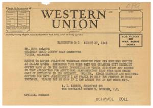 Telegram Urging Action on Meat Quota Dispute in Vinita, Oklahoma, 1945-08-24
