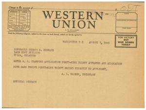 Urgent Telegram Regarding Allocation Approval for H.G. Bartlesville Application, 1945-08-07