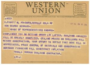 Telegram Correspondence Regarding Building Industry Regulations, 1945-01-01 - 1946-12-31
