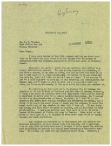 Acquisition of 2.9 Acres on Drowning Creek - Correspondence with Hon. Geo. B. Schwabe, 1945-09-11