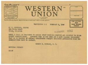Important Telegram Regarding Tulsa County Commissioners, 1946-02-06