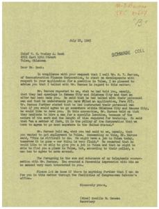 Update on Application for Position in Tulsa: Correspondence with M. T. Barnes of RFC X-607, 1945-07-28