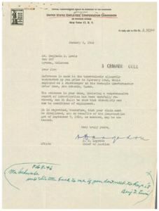 ["The document is a letter from Mr. Benjamin D. Lewis to Hon George B. Schwabe, requesting assistance in getting compensation for tuberculosis allegedly contracted while working at the Normoyle Quartermaster Motor Base. The Compensation Commission disallowed his claim, but Mr. Lewis believes he is entitled to compensation due to the poor working conditions and medical evidence of his disability. He asks for a monthly payment of $80 and assistance in getting a bill passed through Congress. He expresses gratitude for any help in advance."]
