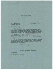 ["Mrs. A. L. Warren, Secretary, sent a letter to Mr. Otto Arning regarding his Social Security benefits. The document included information from the General Counsel of the Federal Security Agency stating that Mr. Arning will be entitled to a monthly insurance benefit when he turns 65 in 1948. The benefits will be based on his average monthly wage, which may be lower due to not working for two years. Congressmen Schwabe's office is ready to provide further assistance if needed."]