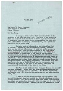 ["The document is a letter from George B. Schwabe, M.C. to George R. Coney, President of the Pryor Chamber of Commerce, discussing the possibility of organizing a college in the former prisoners of war camp near Pryor, Oklahoma. Schwabe explains the process of surplus property disposal by the Army and suggests that Coney should keep in touch with the Federal Land Bank of Wichita to pursue the acquisition of the camp for the college project. The document also mentions the interest of the Church of Christ in organizing a college at the site."]