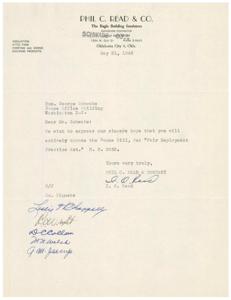["Phil C. Read & Co., a building insulation contractor, sent a letter to Honorable  George Schwabe in Washington D.C. expressing their opposition to the House Bill, Re: \"Fair Employment Practice Act.\" They hoped that Schwabe would actively oppose the bill."]