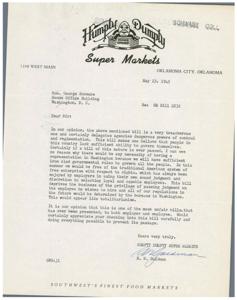 ["A letter written on May 23, 1945 from Humpty Dumpty Super Markets to Honorable  George Schwabe expressing opposition to HR Bill 2232, which the company believes gives dangerous powers of control to agencies and threatens the traditional American system of free enterprise. The company requests that Schwabe prevent the passage of the bill."]