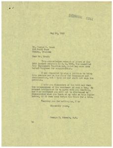 ["George D. Brock wrote a letter to George B. Schwabe expressing his disapproval of the Fair Employment Practice Act, Bill H.R. 2232. He believes that the bill could lead to shyster lawyers taking advantage of employees and causing prejudice. Schwabe responds that he agrees with Brock's concerns and will not sign a petition to bring the bill to the floor for discussion. Schwabe assures Brock that he will vote against the legislation if it comes before the House."]
