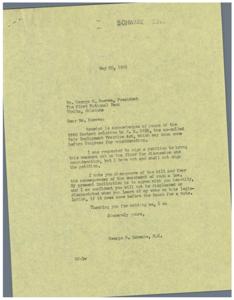 ["The document is a correspondence between George Schwabe, a member of Congress, and George M. Reeves, President of The First National Bank in Vinita, Oklahoma, regarding the Fair Employment Practice Act. Schwabe acknowledges Reeves' disapproval of the bill and states that he also leans towards opposing it. Reeves expresses concern that the bill would cause issues for businesses in the southern states."]