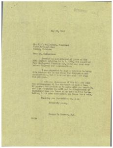["R.F. Mullendore, President of the First National Bank in Hominy, Oklahoma, wrote to Congressman George Schwabe expressing his disapproval of H. R. 2232, the Fair Employment Practice Act. He urged Schwabe to study the bill carefully and vote against it if he agreed with Mullendore's concerns about the legislation. Schwabe responded, indicating that he had not and would not sign a petition to bring the bill to the floor for discussion. He also expressed his agreement with Mullendore's concerns and assured him that he would not be disappointed with Schwabe's vote on the legislation if it came before the House for a vote."]
