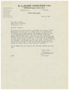 ["The document is a letter from H.A. Marr Grocery Co. in Denver, Colorado expressing their protest against the passage of the \"Fair Employment Practice Act\" bill known as H.R.2232. The company believes the act is unnecessary and will burden and hamper business. They argue that there are already too many laws and that businesses need incentives to provide jobs. They request the recipient's support and influence against the passage of the law."]